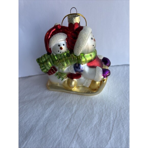Vintage Glass Snowman Sled Ornament Hand Painted Glitter Christmas Holiday - Picture 1 of 7